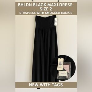 BHLDN by Anthropologie Black Maxi Dress Size 2 Strapless Smocked Bodice NWT